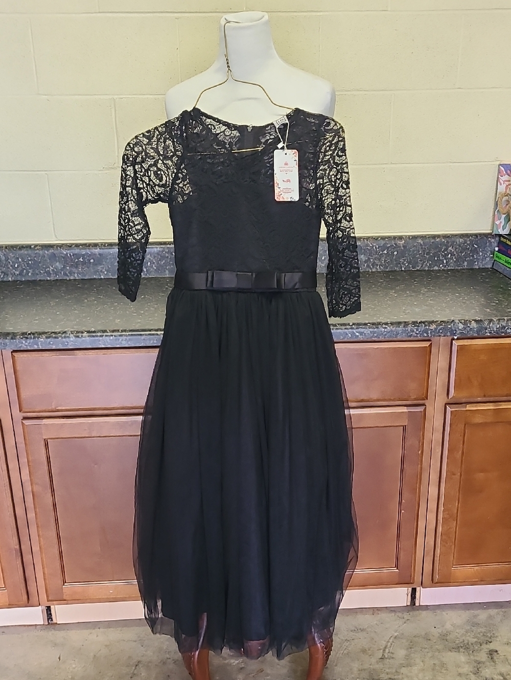 Girls' Black Lace & Tulle Party Dress with Ribbon Waist